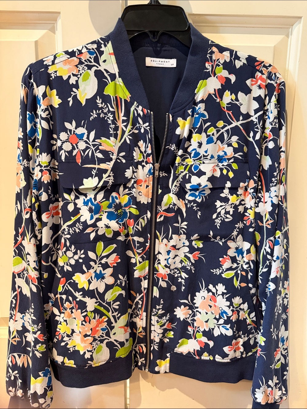 Equipment Navy Floral Bomber Jacket with Multicolor Print
